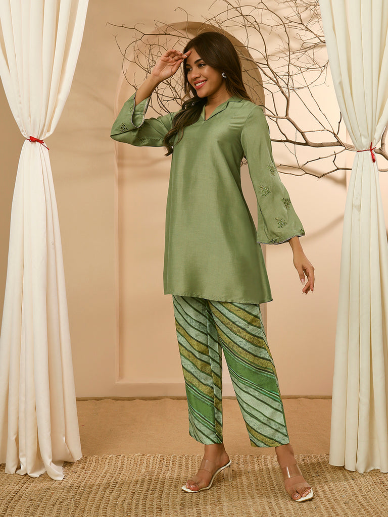 GULNAZ- GREEN COORD SET Zara Silk Coords stylefables   