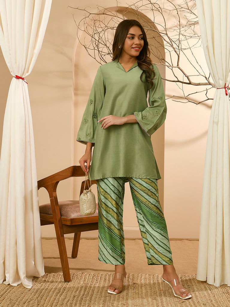 GULNAZ- GREEN COORD SET Zara Silk Coords stylefables   