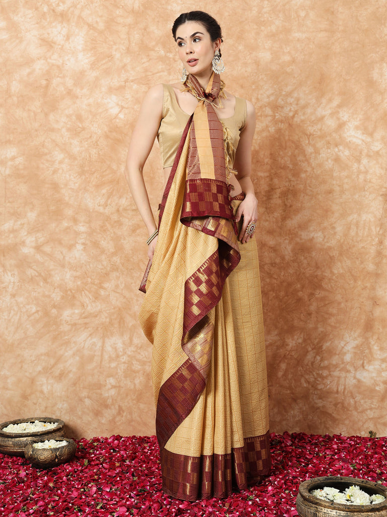 KESSA- BEIGE SILK CONTRAST ZARI BORDER SAREE Cotton Saree stylefables   