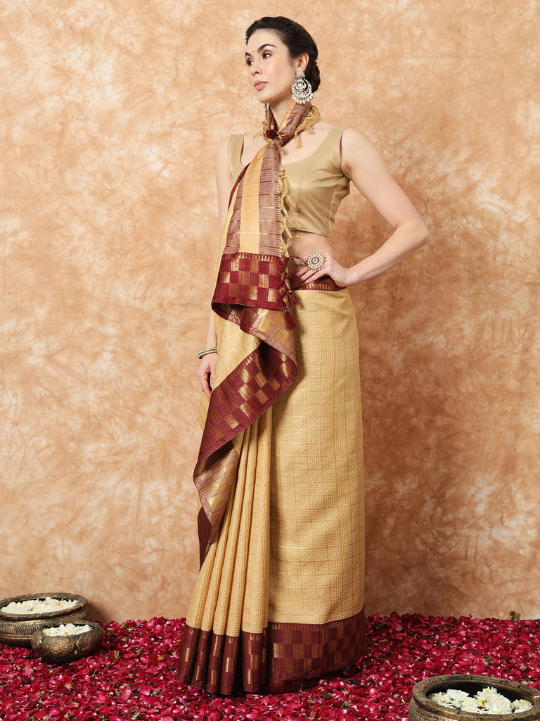 KESSA- BEIGE SILK CONTRAST ZARI BORDER SAREE Cotton Saree stylefables   