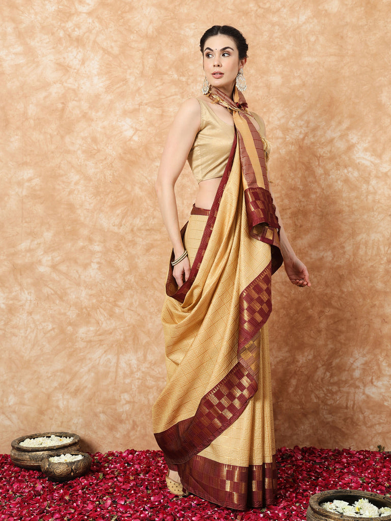 KESSA- BEIGE SILK CONTRAST ZARI BORDER SAREE Cotton Saree stylefables   