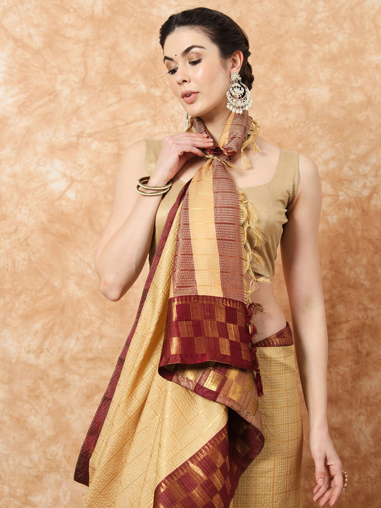 KESSA- BEIGE SILK CONTRAST ZARI BORDER SAREE Cotton Saree stylefables   