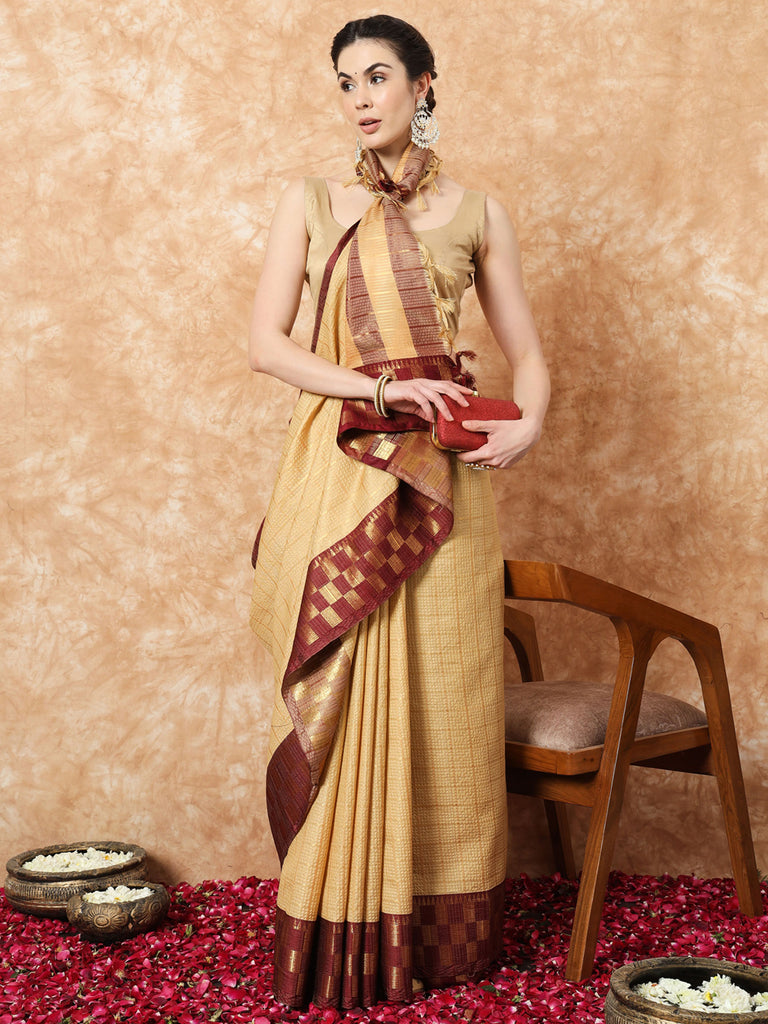 KESSA- BEIGE SILK CONTRAST ZARI BORDER SAREE Cotton Saree stylefables   