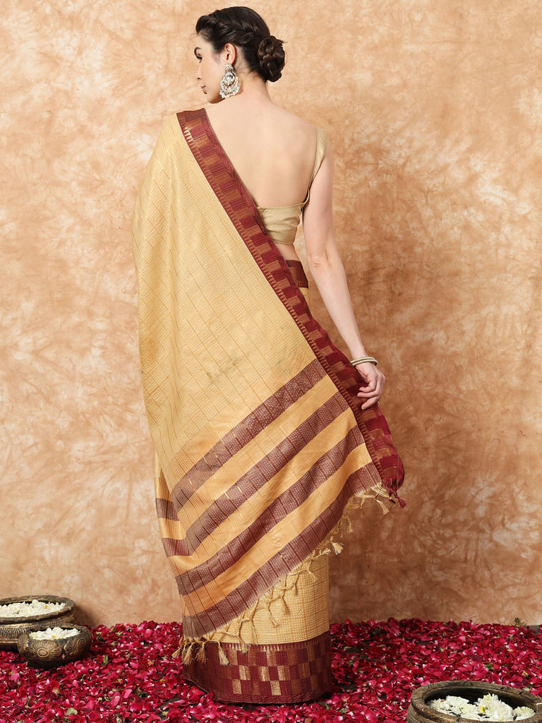 KESSA- BEIGE SILK CONTRAST ZARI BORDER SAREE Cotton Saree stylefables   