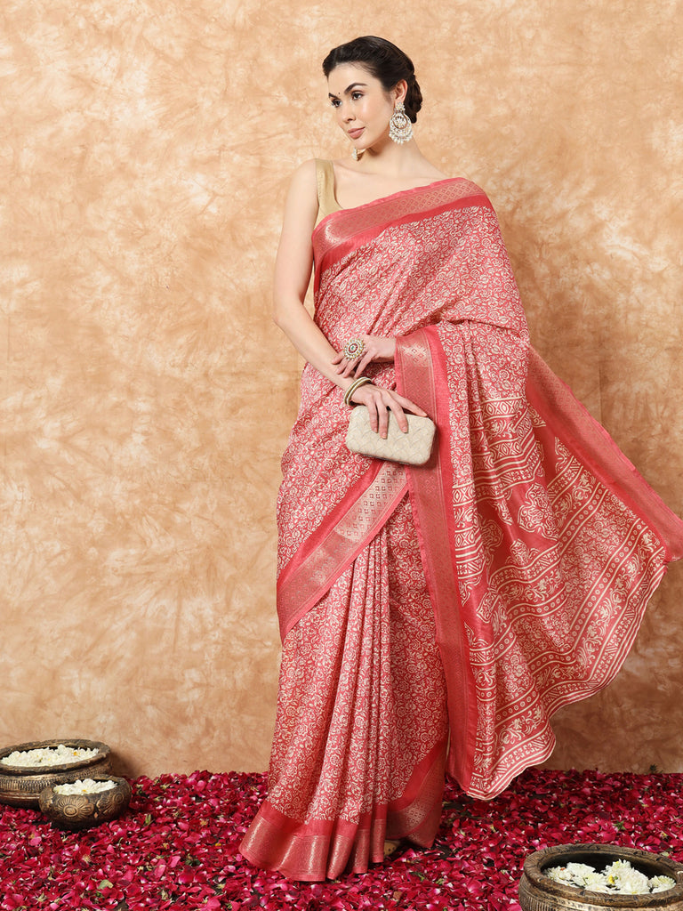 VANZA- CORAL SILK ZARI BORDER SAREE Cotton Saree stylefables   