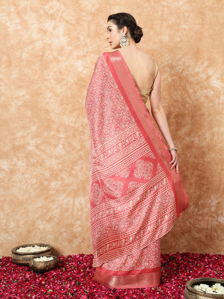 VANZA- CORAL SILK ZARI BORDER SAREE Cotton Saree stylefables   