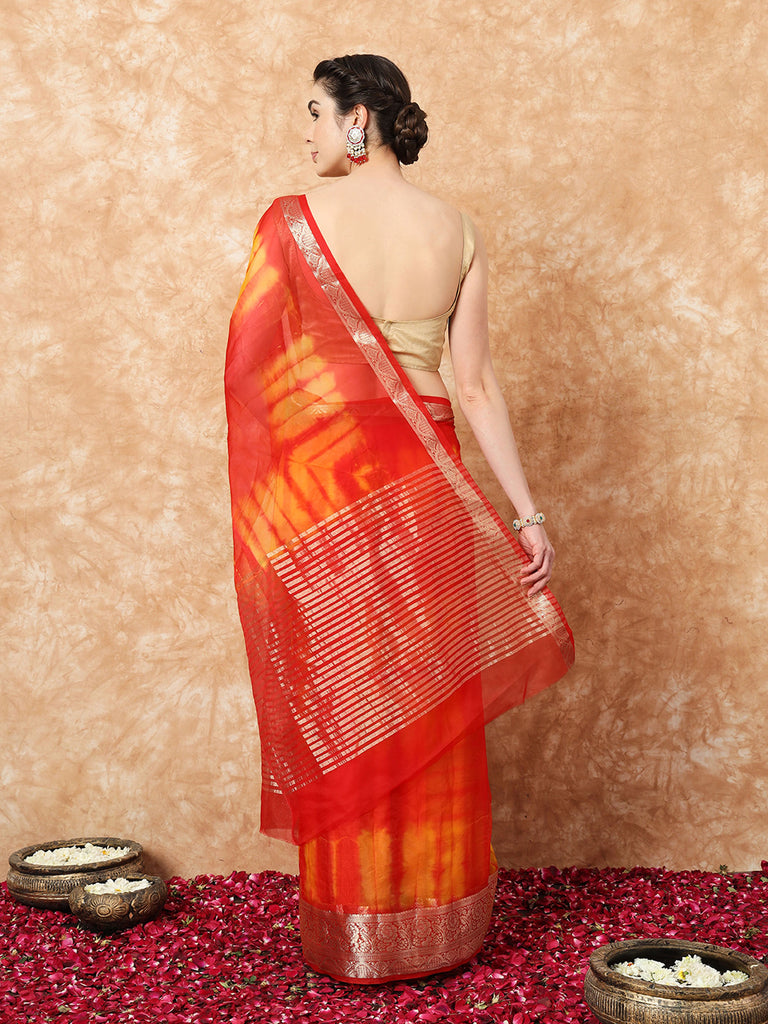 NAZAKAT- RED ORGANZA TIE N DYE SAREE WITH ZARI SAREE Cotton Saree stylefables   