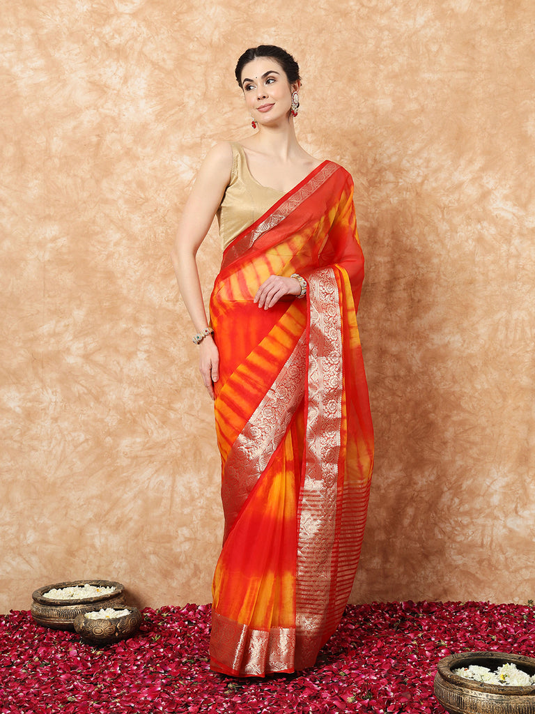 NAZAKAT- RED ORGANZA TIE N DYE SAREE WITH ZARI SAREE Cotton Saree stylefables   