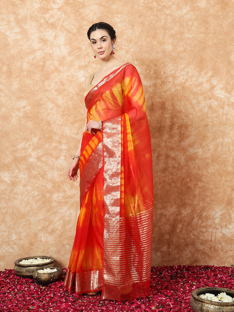 NAZAKAT- RED ORGANZA TIE N DYE SAREE WITH ZARI SAREE Cotton Saree stylefables   