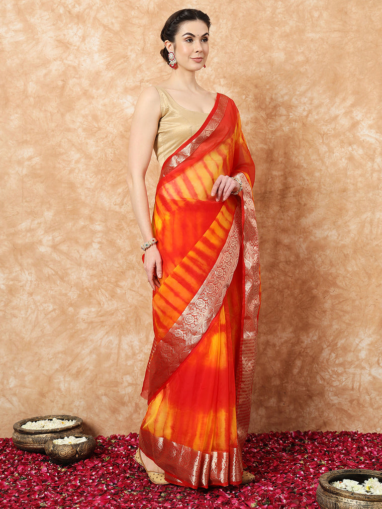 NAZAKAT- RED ORGANZA TIE N DYE SAREE WITH ZARI SAREE Cotton Saree stylefables   