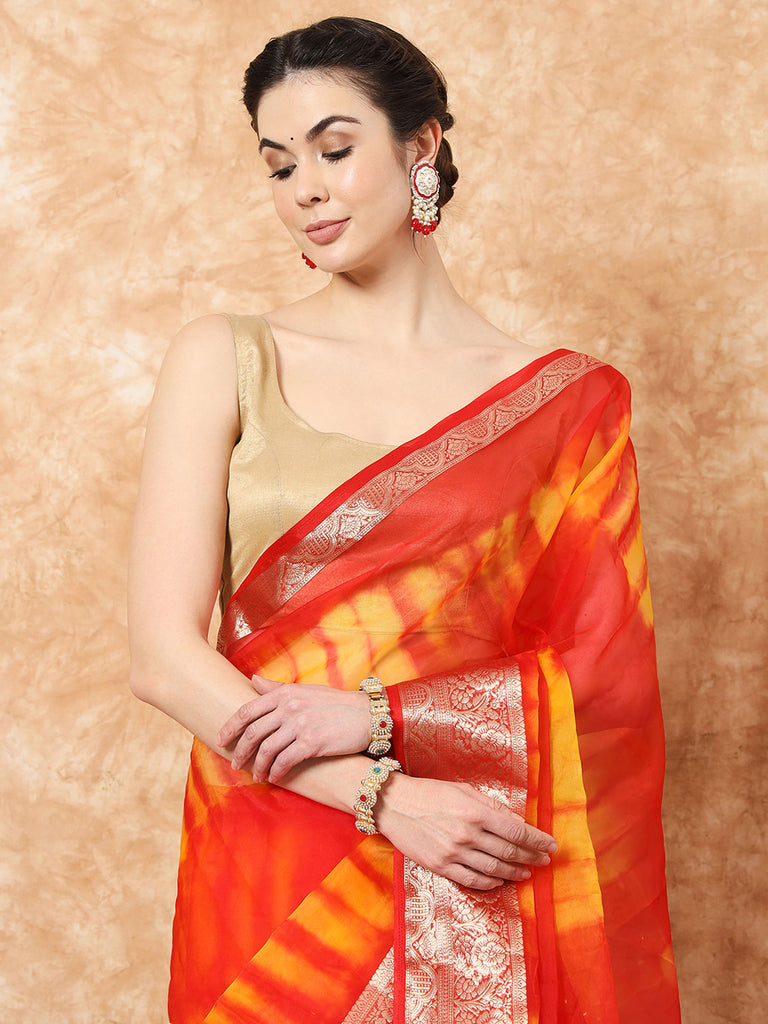 NAZAKAT- RED ORGANZA TIE N DYE SAREE WITH ZARI SAREE Cotton Saree stylefables   