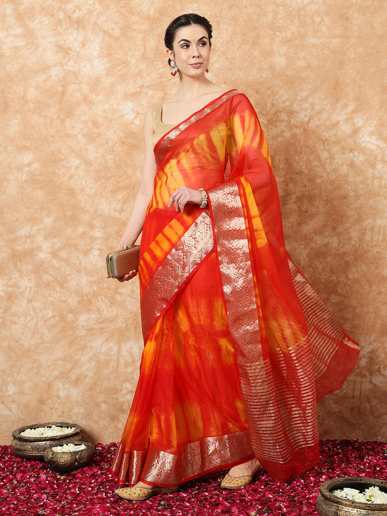 NAZAKAT- RED ORGANZA TIE N DYE SAREE WITH ZARI SAREE Cotton Saree stylefables   