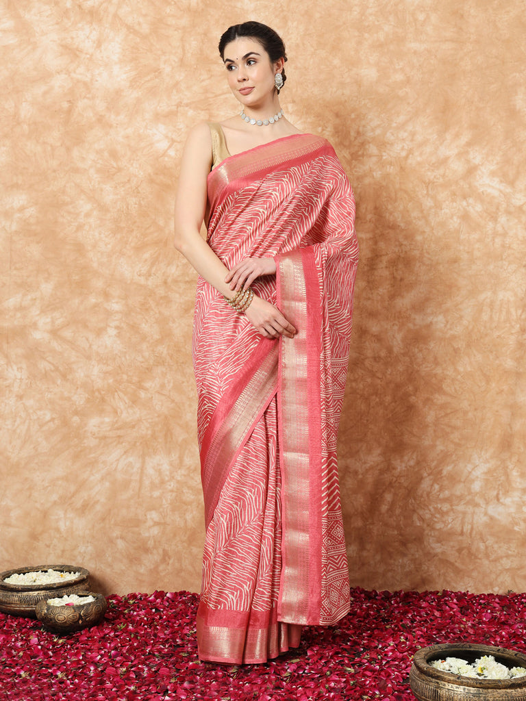 VANZA- PEACH SILK WITH ZARI BORDER SAREE Cotton Saree stylefables   