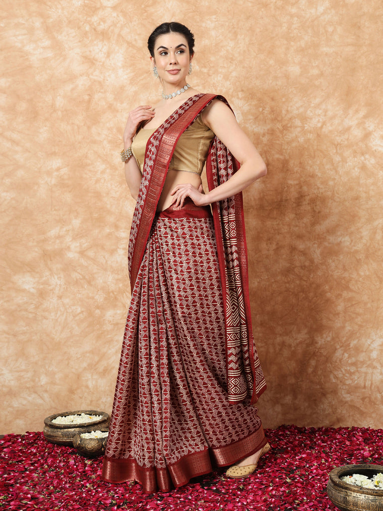MAYRA- MAROON SILK WITH ZARI BORDER Cotton Saree stylefables   