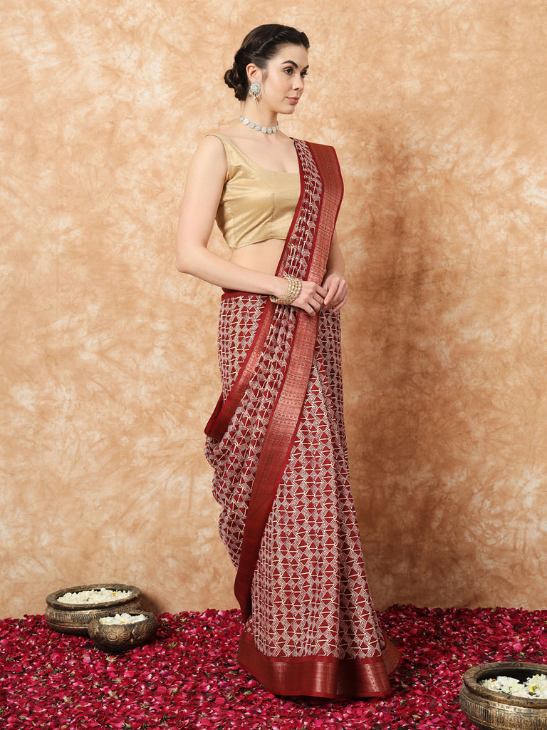 MAYRA- MAROON SILK WITH ZARI BORDER Cotton Saree stylefables   