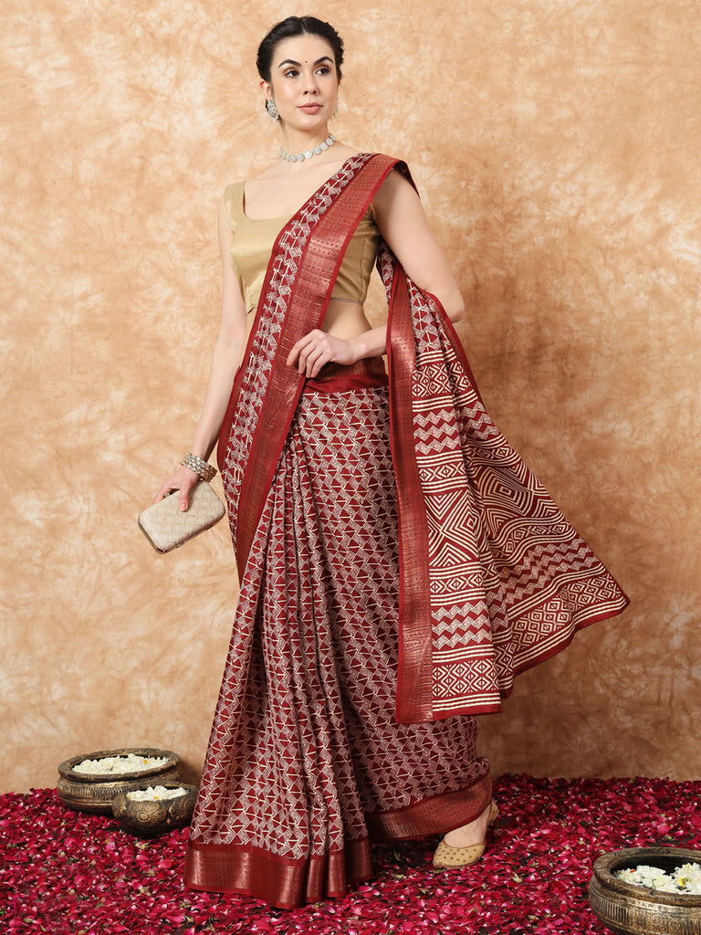 MAYRA- MAROON SILK WITH ZARI BORDER Cotton Saree stylefables   