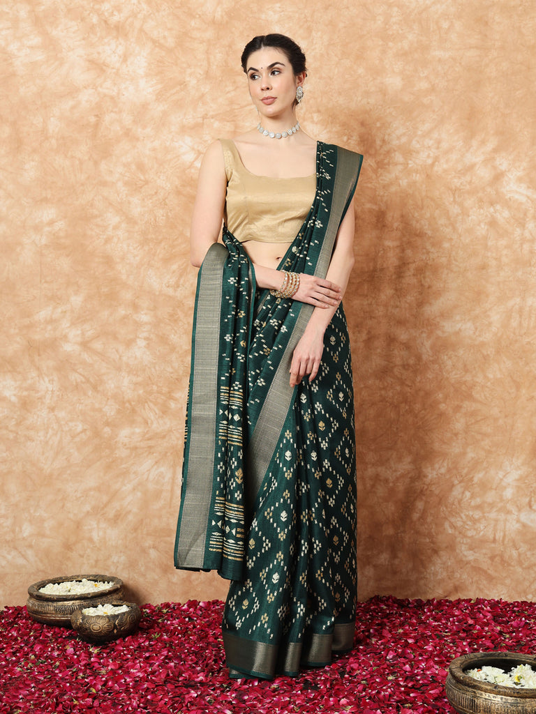 VANZA- GREEN SILK WITH ZARI BORDER SAREE Cotton Saree stylefables   