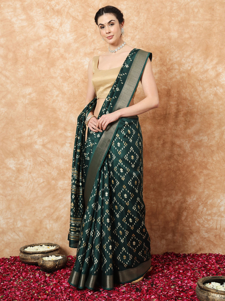 VANZA- GREEN SILK WITH ZARI BORDER SAREE Cotton Saree stylefables   