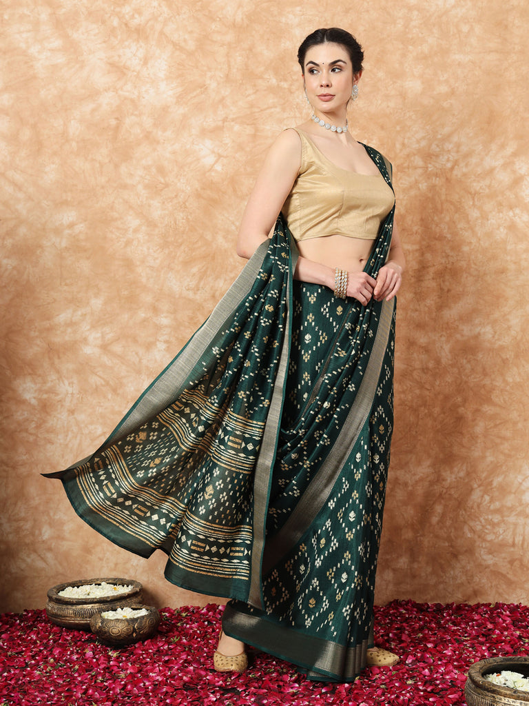 VANZA- GREEN SILK WITH ZARI BORDER SAREE Cotton Saree stylefables   