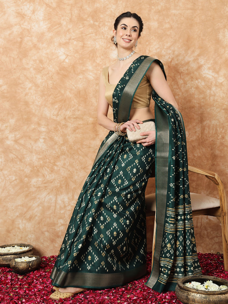 VANZA- GREEN SILK WITH ZARI BORDER SAREE Cotton Saree stylefables   