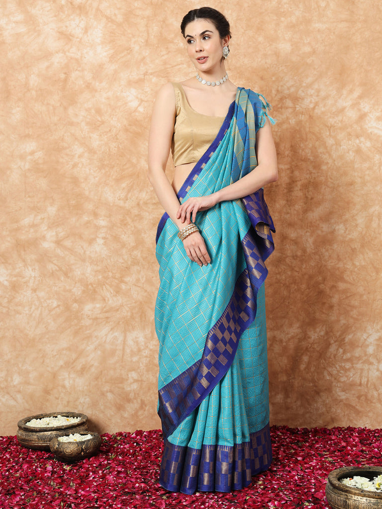 KESSA- BLUE SILK WITH ONTRAST ZARI BORDER SAREE Cotton Saree stylefables   