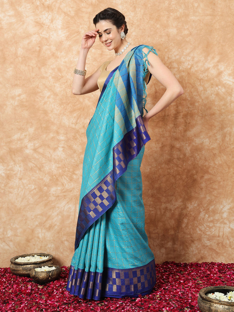 KESSA- BLUE SILK WITH ONTRAST ZARI BORDER SAREE Cotton Saree stylefables   