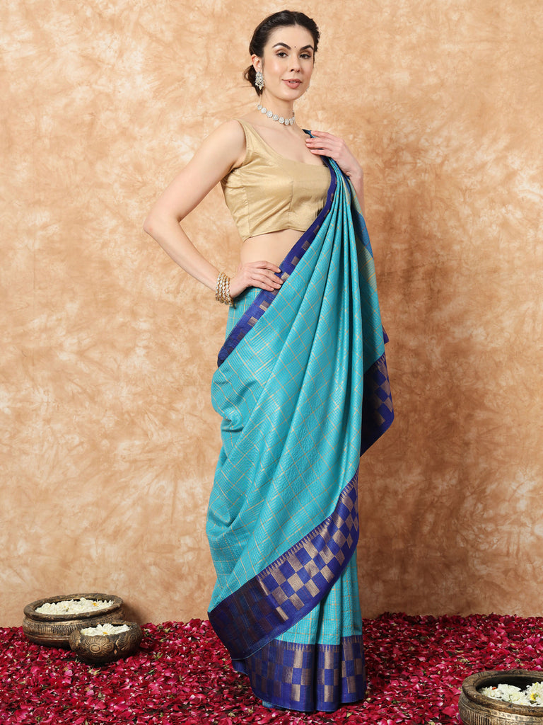 KESSA- BLUE SILK WITH ONTRAST ZARI BORDER SAREE Cotton Saree stylefables   