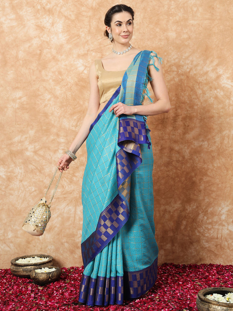 KESSA- BLUE SILK WITH ONTRAST ZARI BORDER SAREE Cotton Saree stylefables   