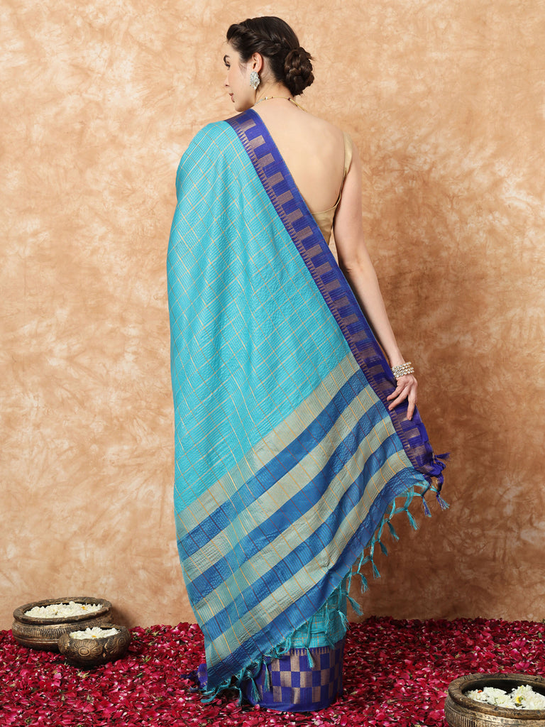 KESSA- BLUE SILK WITH ONTRAST ZARI BORDER SAREE Cotton Saree stylefables   