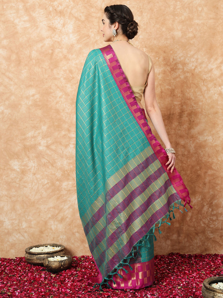 KESSA- TEAL SILK WITH CONTRAST ZARI BORDER SAREE Cotton Saree stylefables   