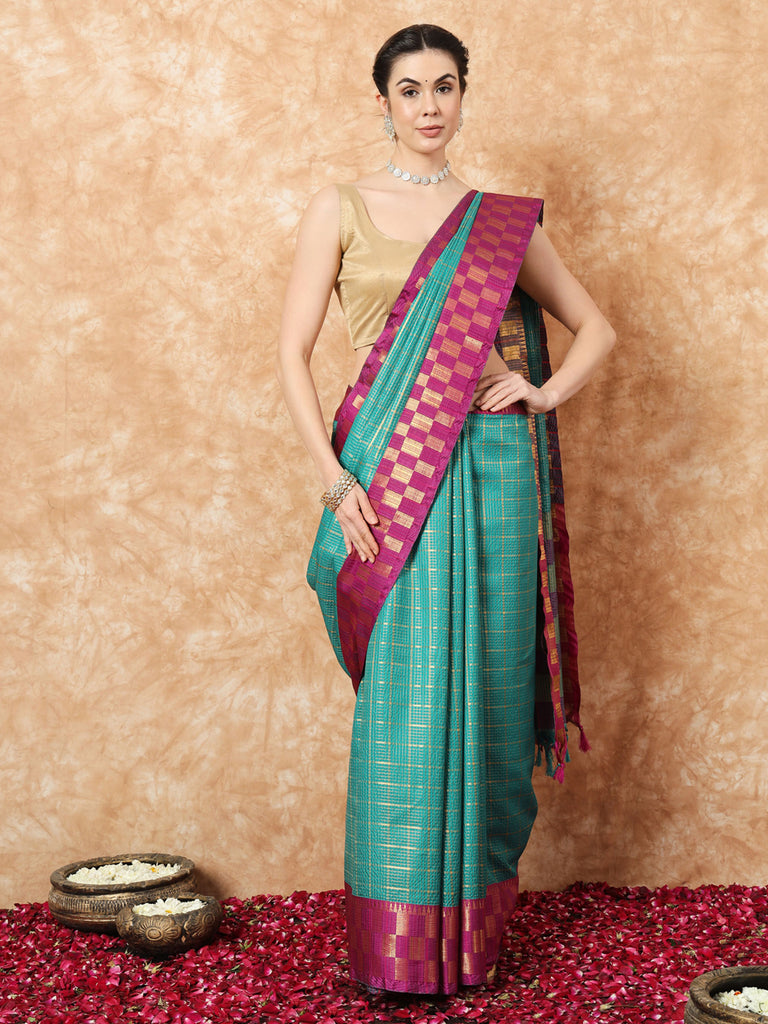 KESSA- TEAL SILK WITH CONTRAST ZARI BORDER SAREE Cotton Saree stylefables   