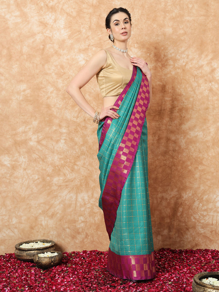 KESSA- TEAL SILK WITH CONTRAST ZARI BORDER SAREE Cotton Saree stylefables   