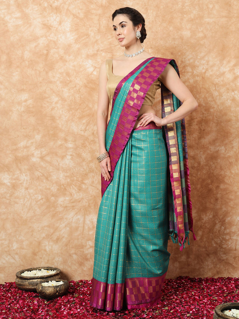 KESSA- TEAL SILK WITH CONTRAST ZARI BORDER SAREE Cotton Saree stylefables   