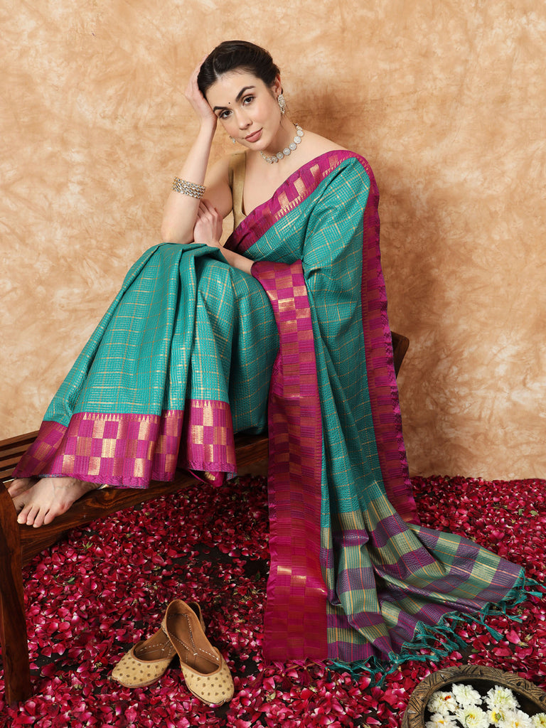 KESSA- TEAL SILK WITH CONTRAST ZARI BORDER SAREE Cotton Saree stylefables   