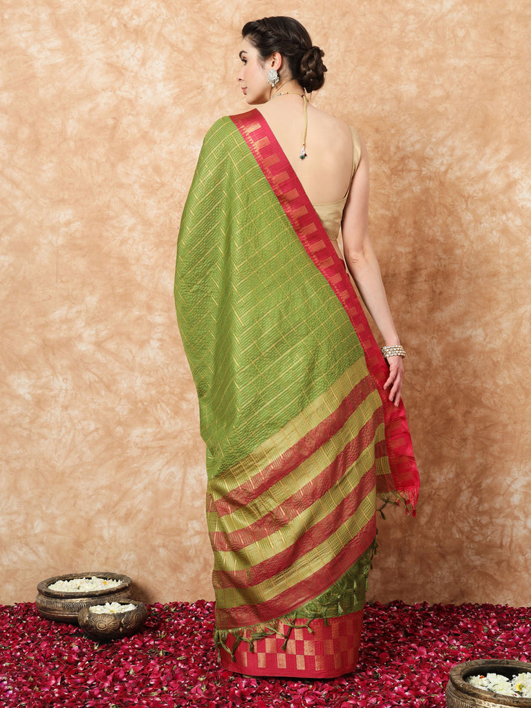 KESSA- GREEN SILK WITH CONTRAST ZARI BORDER SAREE Cotton Saree stylefables   