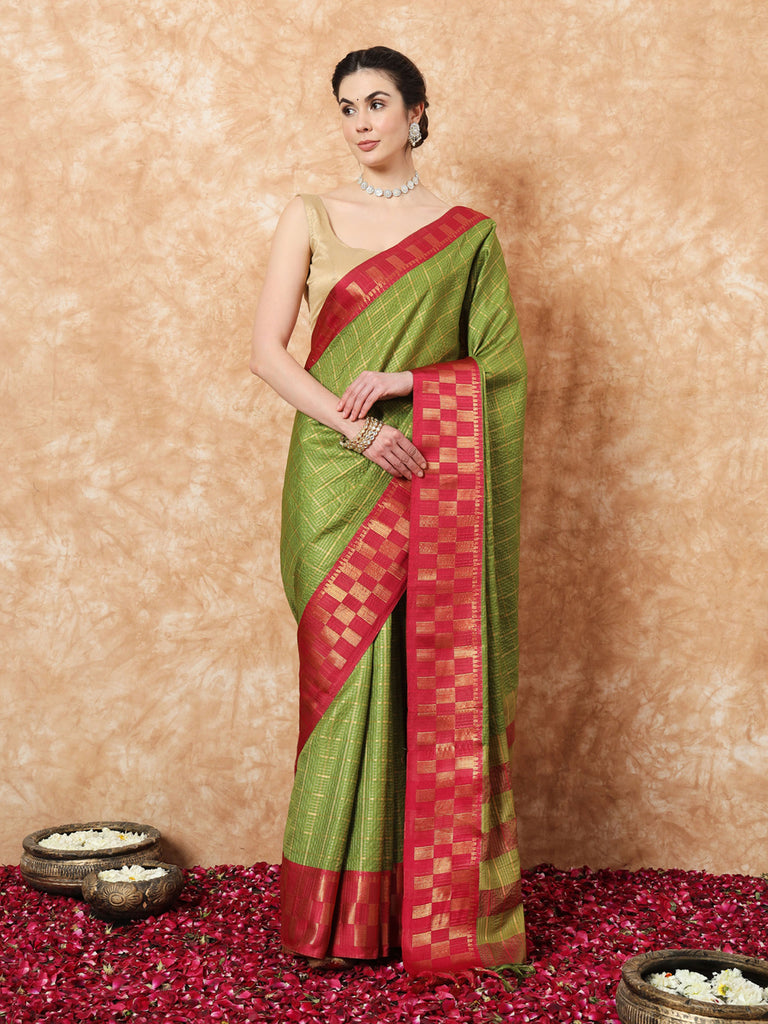 KESSA- GREEN SILK WITH CONTRAST ZARI BORDER SAREE Cotton Saree stylefables   