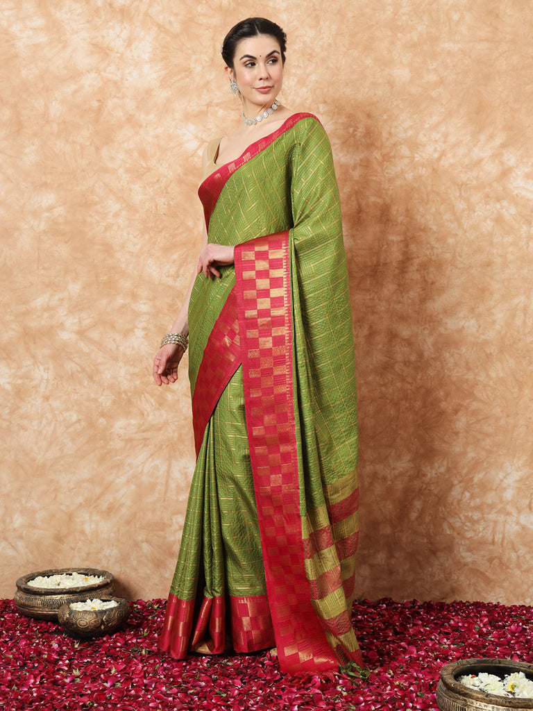 KESSA- GREEN SILK WITH CONTRAST ZARI BORDER SAREE Cotton Saree stylefables   