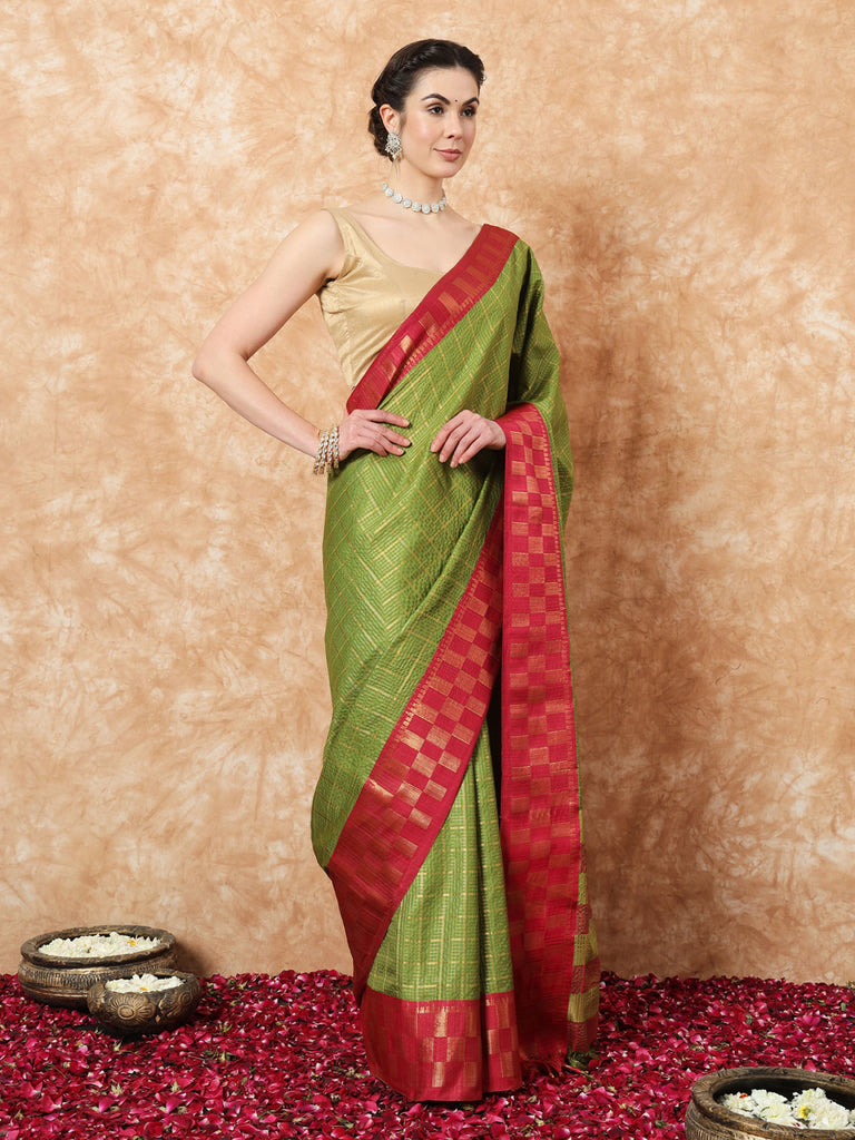 KESSA- GREEN SILK WITH CONTRAST ZARI BORDER SAREE Cotton Saree stylefables   