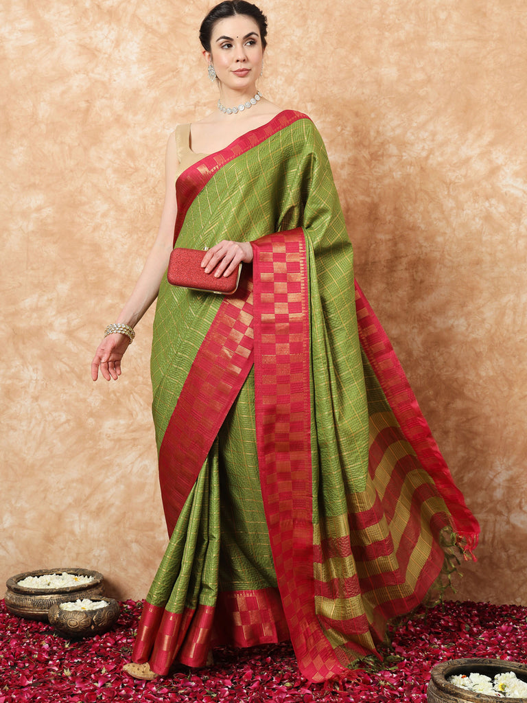 KESSA- GREEN SILK WITH CONTRAST ZARI BORDER SAREE Cotton Saree stylefables   