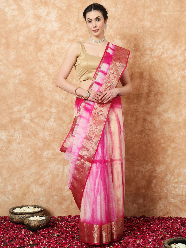 NAZAKAT-PINK ORGANZA TIE N DYE SAREE WITH ZARI SAREE Cotton Saree stylefables   