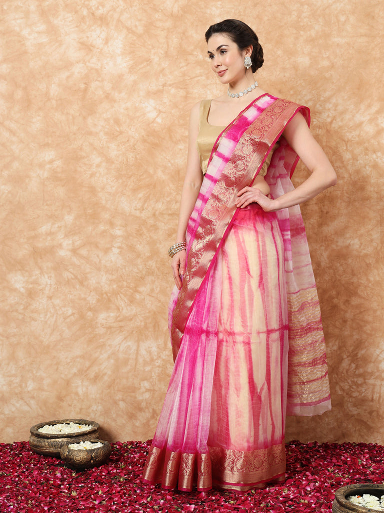 NAZAKAT-PINK ORGANZA TIE N DYE SAREE WITH ZARI SAREE Cotton Saree stylefables   