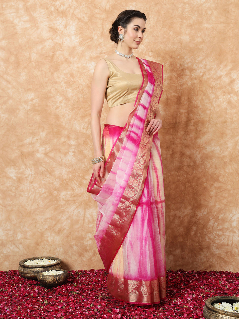 NAZAKAT-PINK ORGANZA TIE N DYE SAREE WITH ZARI SAREE Cotton Saree stylefables   