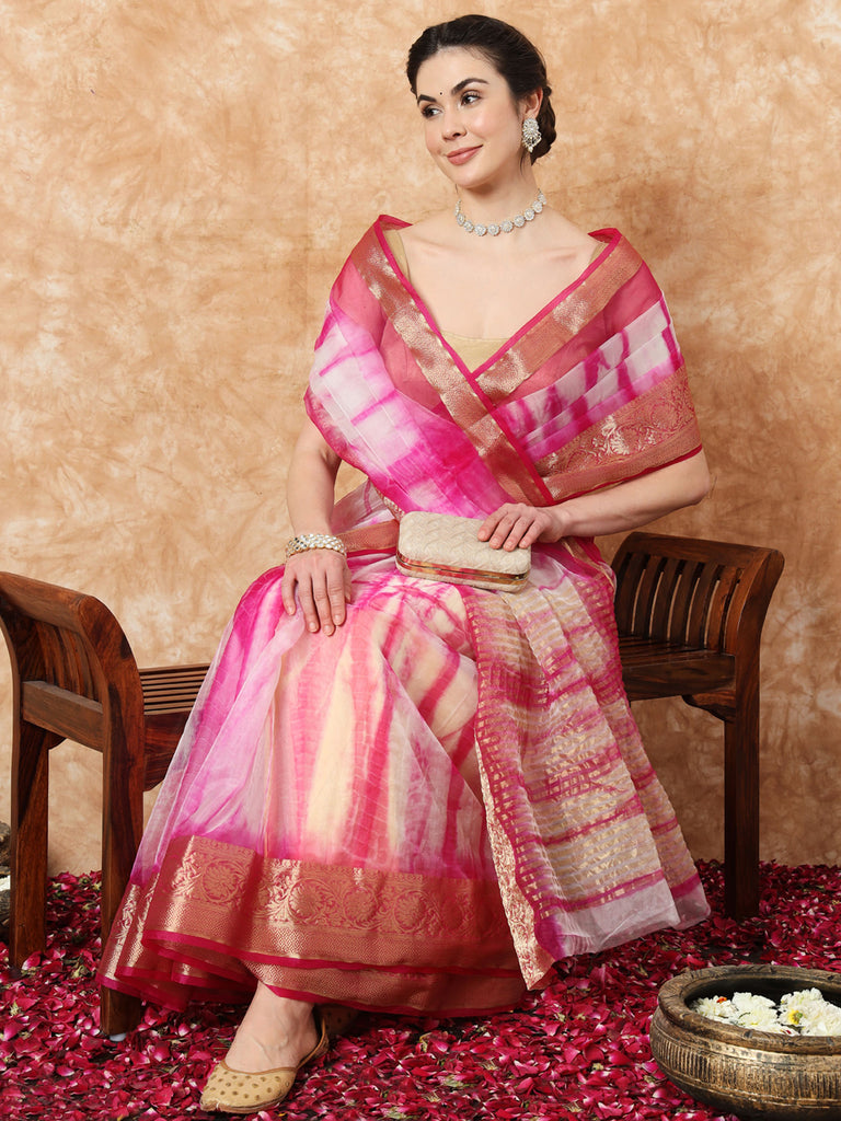 NAZAKAT-PINK ORGANZA TIE N DYE SAREE WITH ZARI SAREE Cotton Saree stylefables   