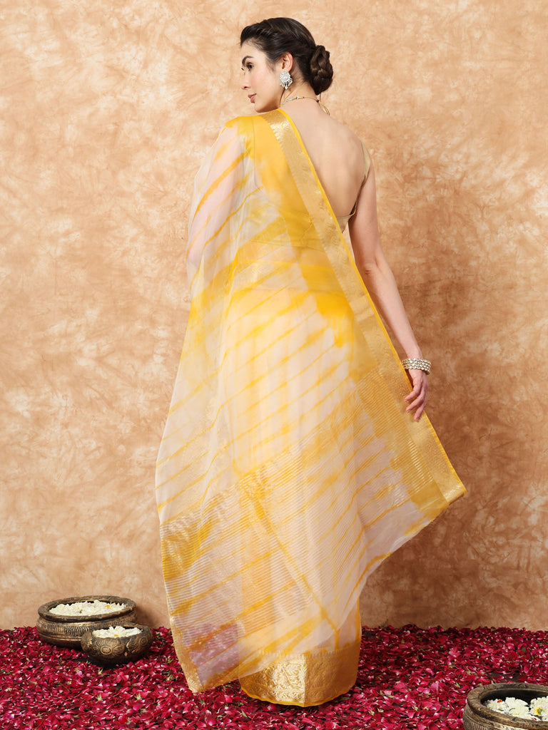 NAZAKAT- YELLOW ORGANZA TIE N DYE SAREE WITH ZARI SAREE Cotton Saree stylefables   