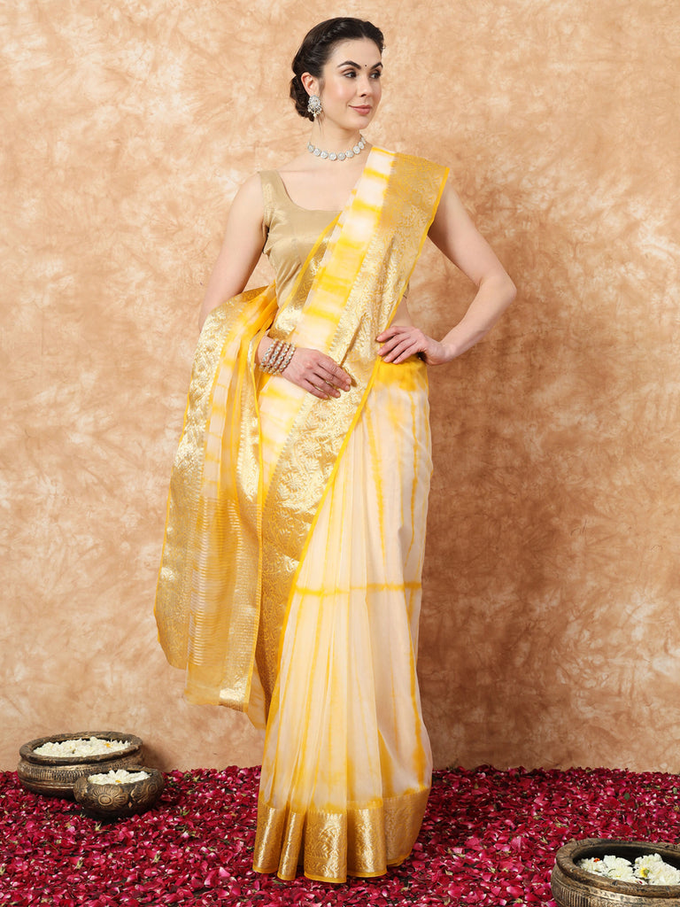 NAZAKAT- YELLOW ORGANZA TIE N DYE SAREE WITH ZARI SAREE Cotton Saree stylefables   