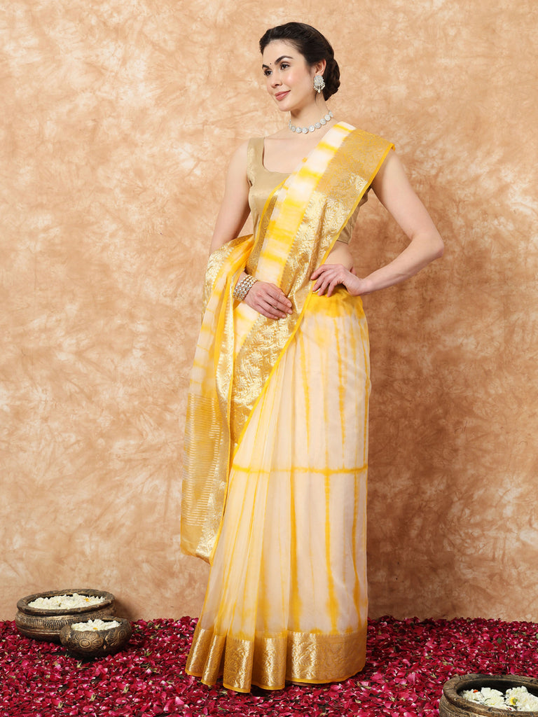 NAZAKAT- YELLOW ORGANZA TIE N DYE SAREE WITH ZARI SAREE Cotton Saree stylefables   