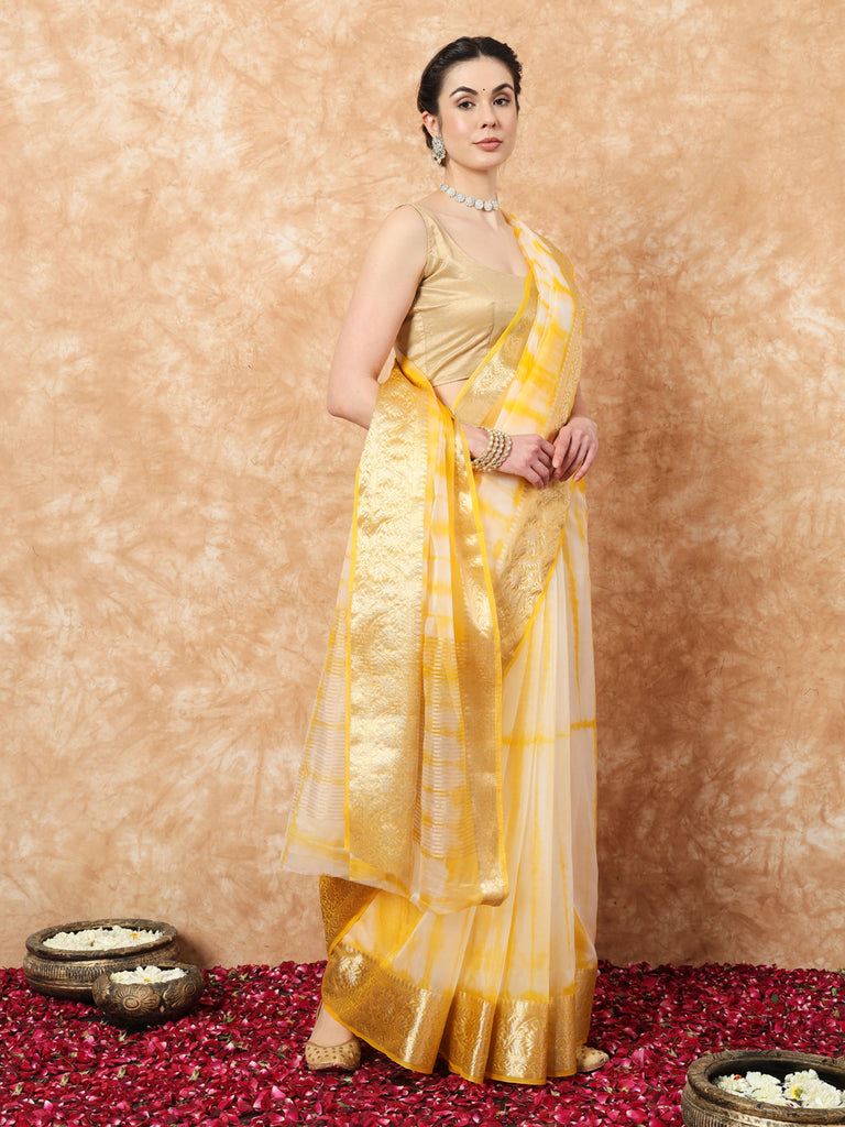 NAZAKAT- YELLOW ORGANZA TIE N DYE SAREE WITH ZARI SAREE Cotton Saree stylefables   