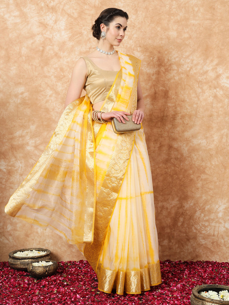 NAZAKAT- YELLOW ORGANZA TIE N DYE SAREE WITH ZARI SAREE Cotton Saree stylefables   