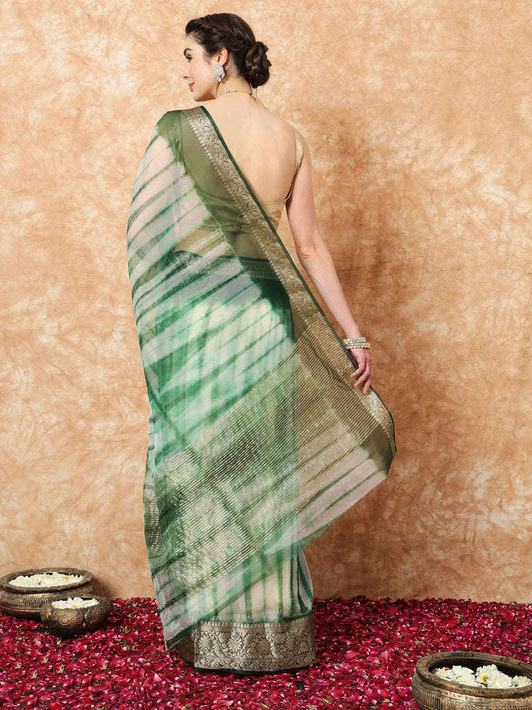 NAZAKAT- GREEN ORGANZA TIE N DYE SAREE WITH ZARI SAREE Cotton Saree stylefables   