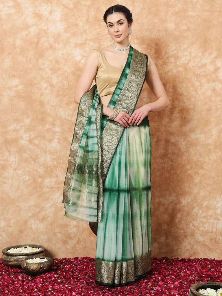 NAZAKAT- GREEN ORGANZA TIE N DYE SAREE WITH ZARI SAREE Cotton Saree stylefables   